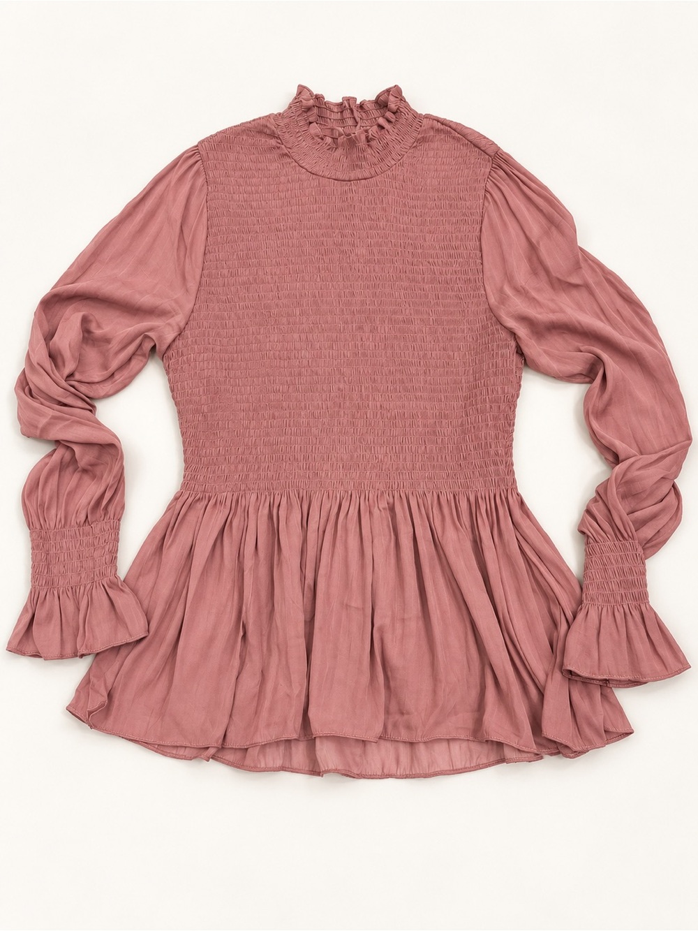 Vici Dusty Rose Smocked Ruffle Neck Peplum Blouse